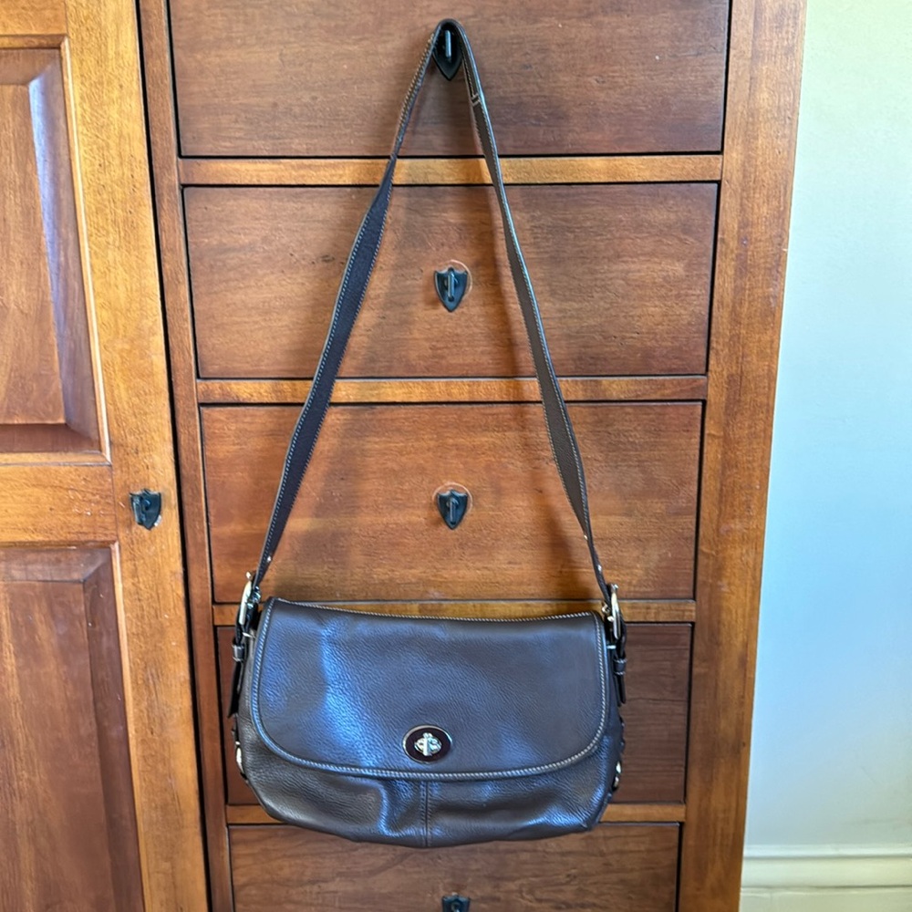 Coach Brown Pebbled Leather Flap Shoulder Bag with dust jacket
